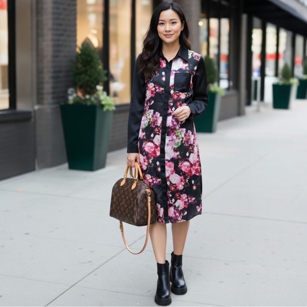 Pink Tartan NEW Floral Shirt Dress Duster Button Down Silky Logo Print Blouse S